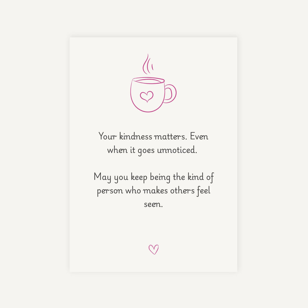 Motivational card with a pink coffee cup icon and inspirational quote on a white background