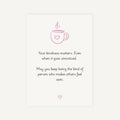 Motivational card with a pink coffee cup icon and inspirational quote on a white background