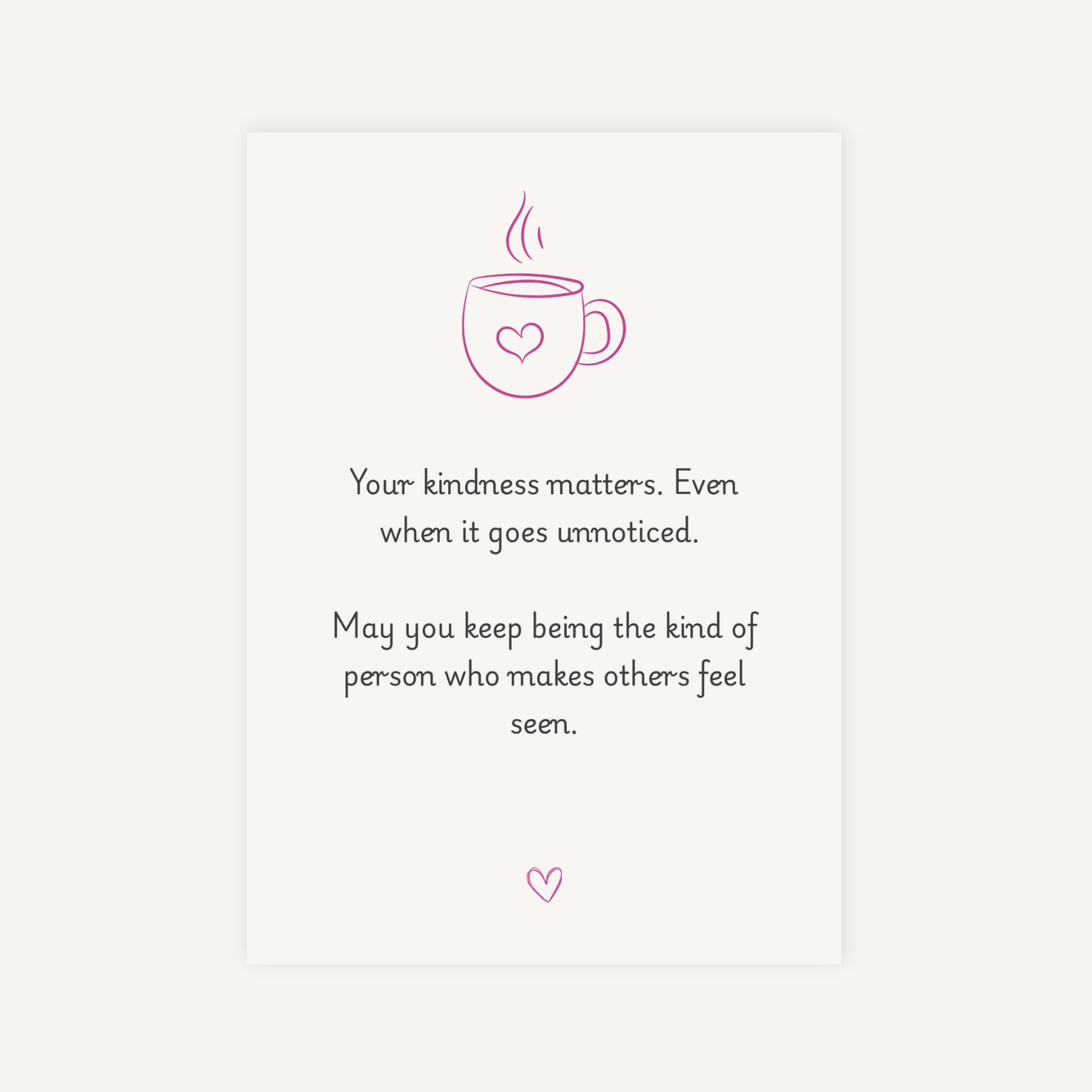 Motivational card with a pink coffee cup icon and inspirational quote on a white background