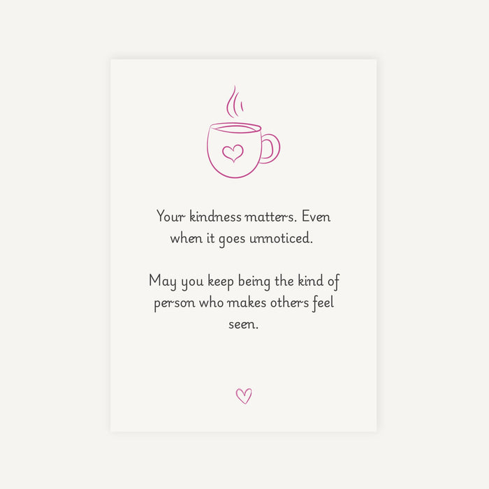 Motivational card with a pink coffee cup icon and inspirational quote on a white background
