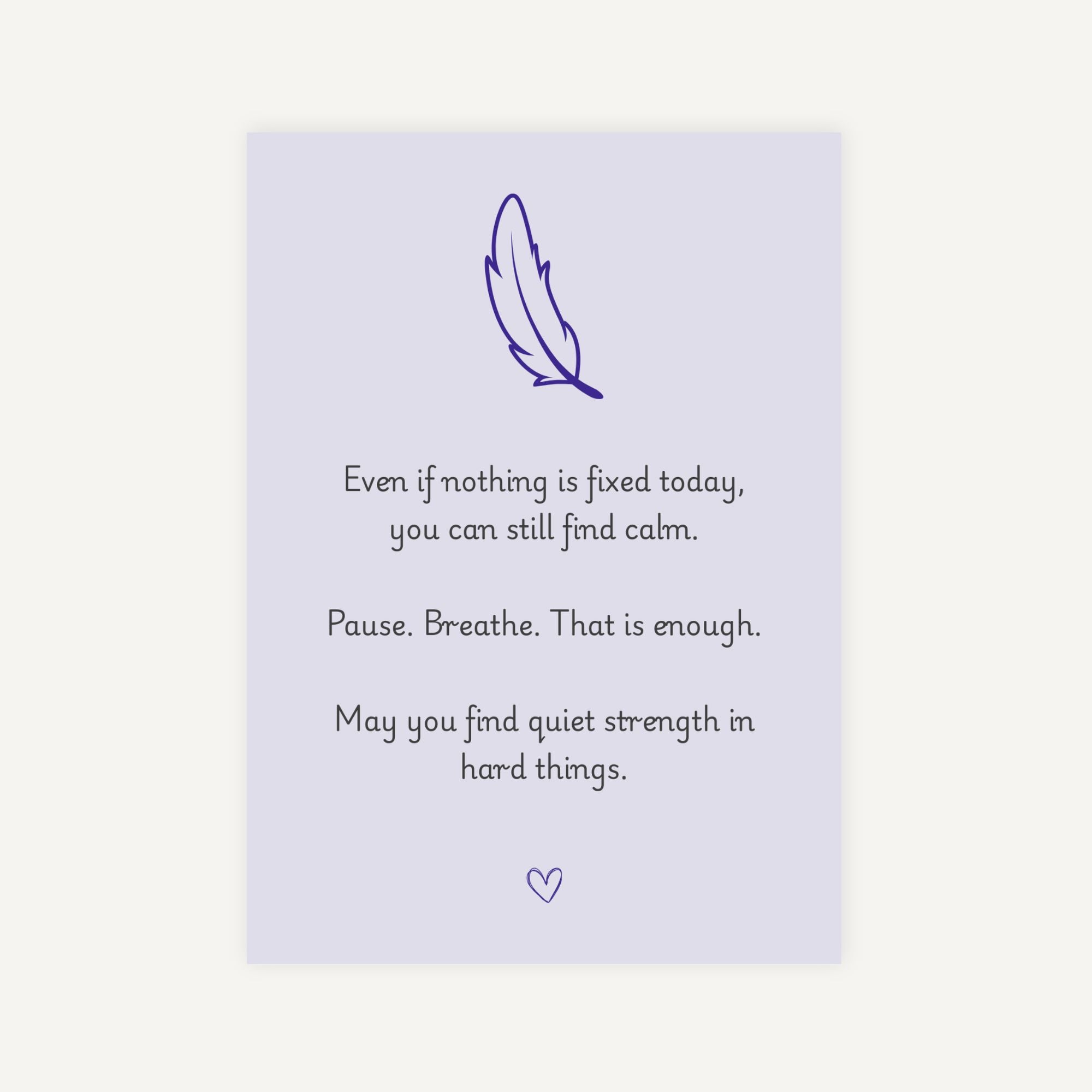 Motivational quote with a feather illustration on a light purple background