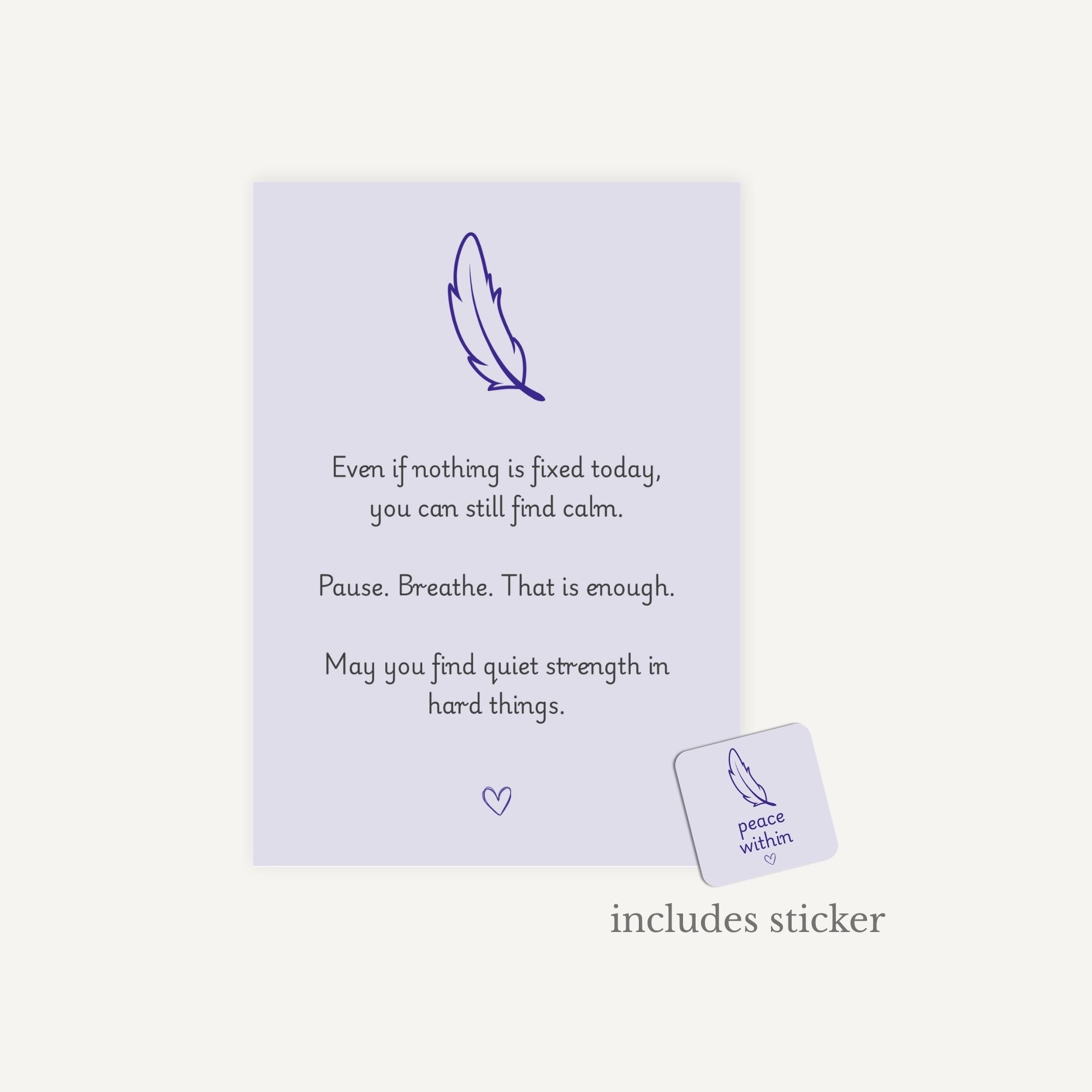 Motivational card with feather illustration and text on a light purple background
