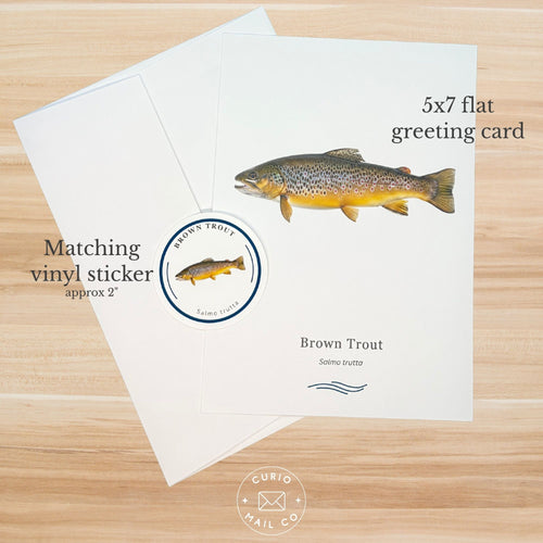Greeting card with brown trout illustration and matching vinyl sticker on a wooden surface
