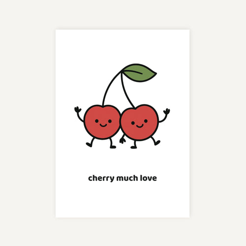 Two cartoon cherries with a leaf and the text 'cherry much love' on a white background.