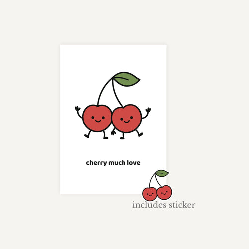Card with cartoon cherries and text 'cherry much love' on a white background