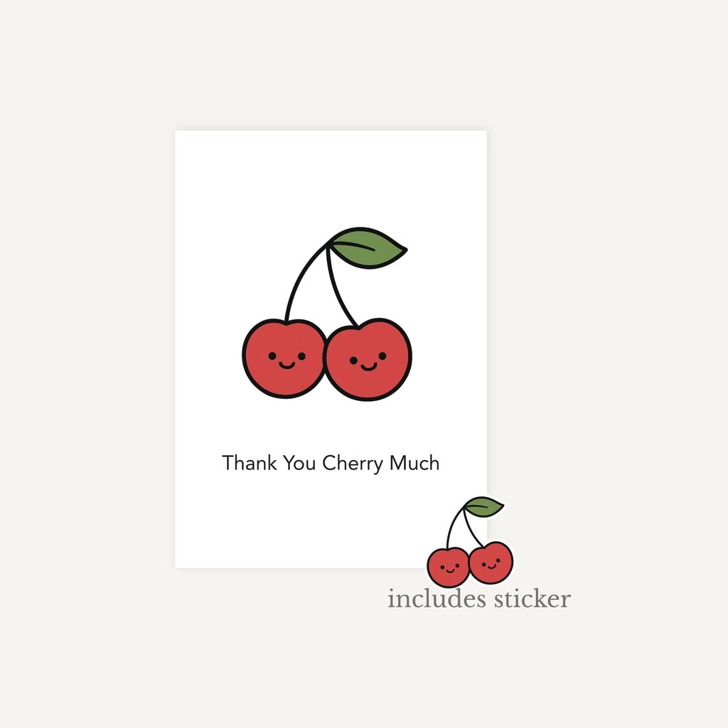 Card with a cartoon cherries and text 'Thank You Cherry Much' on a white background