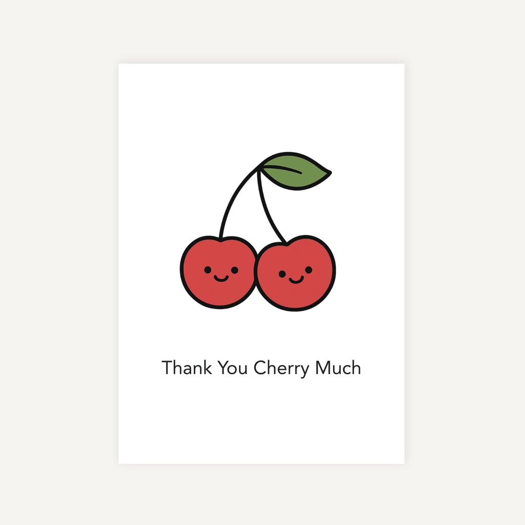 Card with a cartoon cherries and text 'Thank You Cherry Much' on a white background