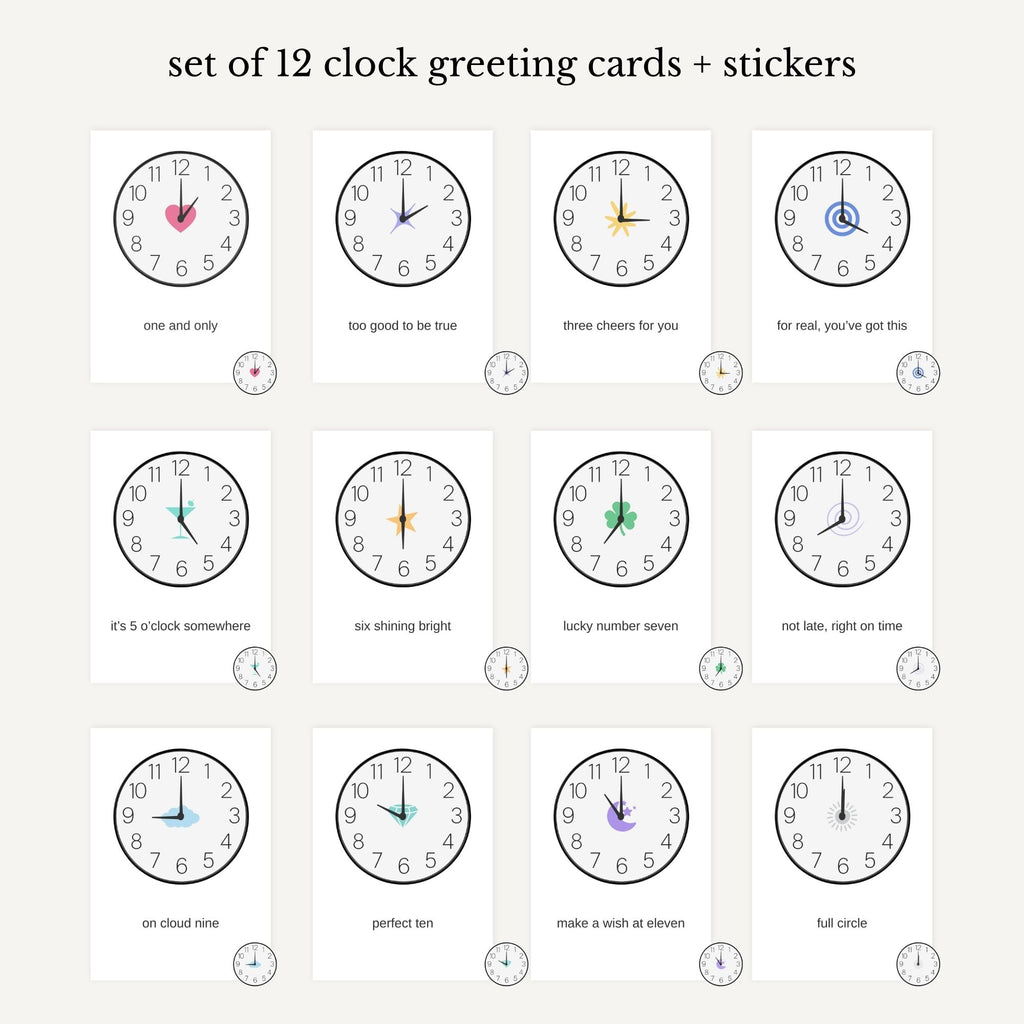 Set of 12 clock-themed greeting cards with different time displays on a white background.