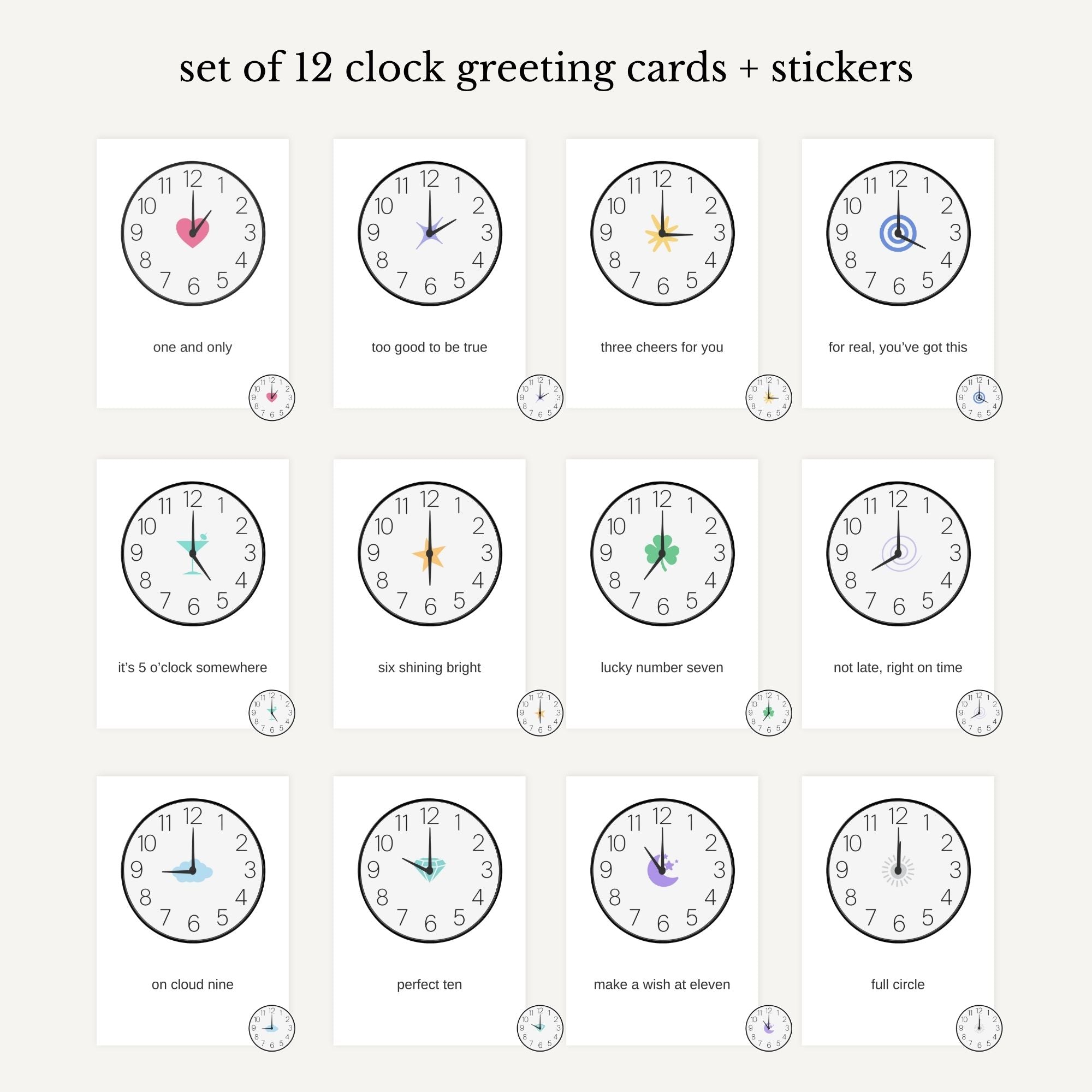 Set of 12 clock-themed greeting cards with different time displays on a white background.