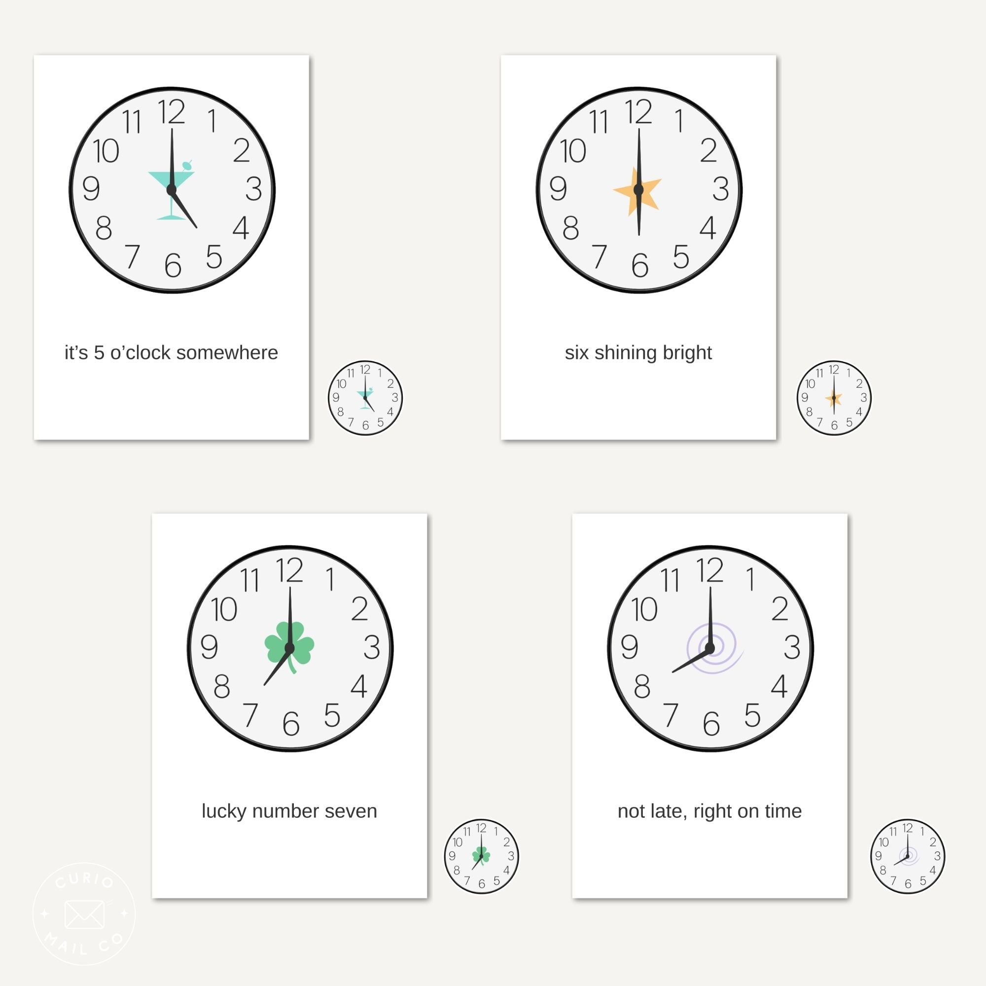 clocks with different time displays and text on a white background