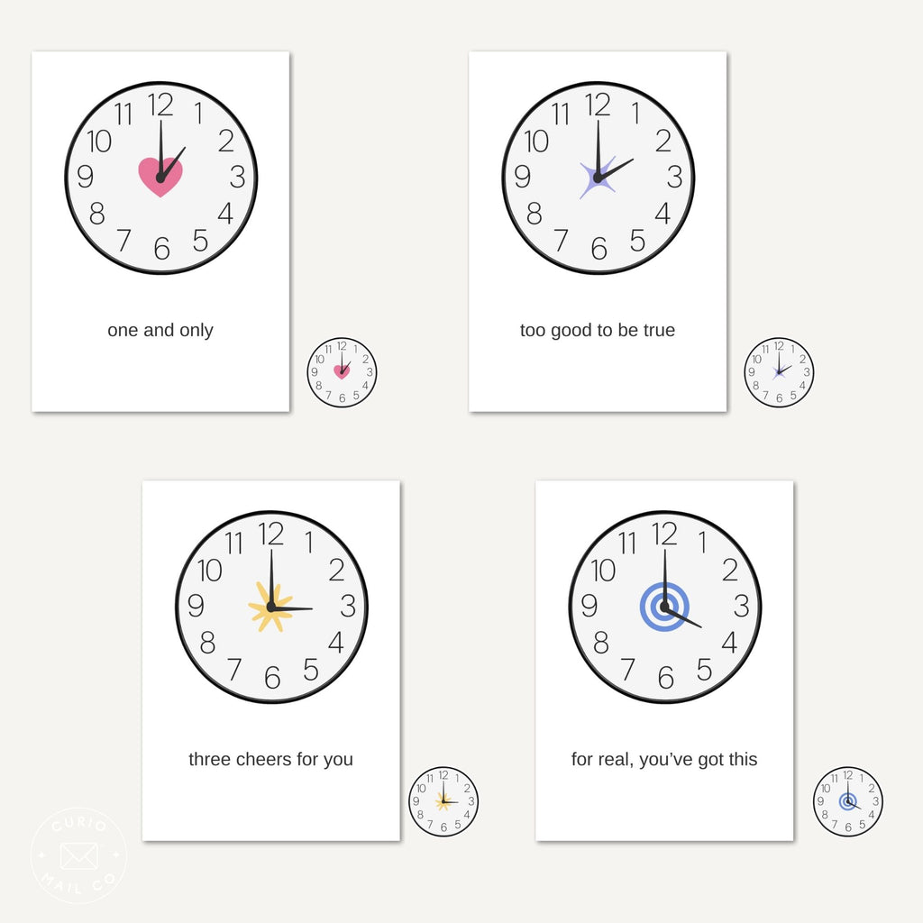 clock cards with various hours on white background