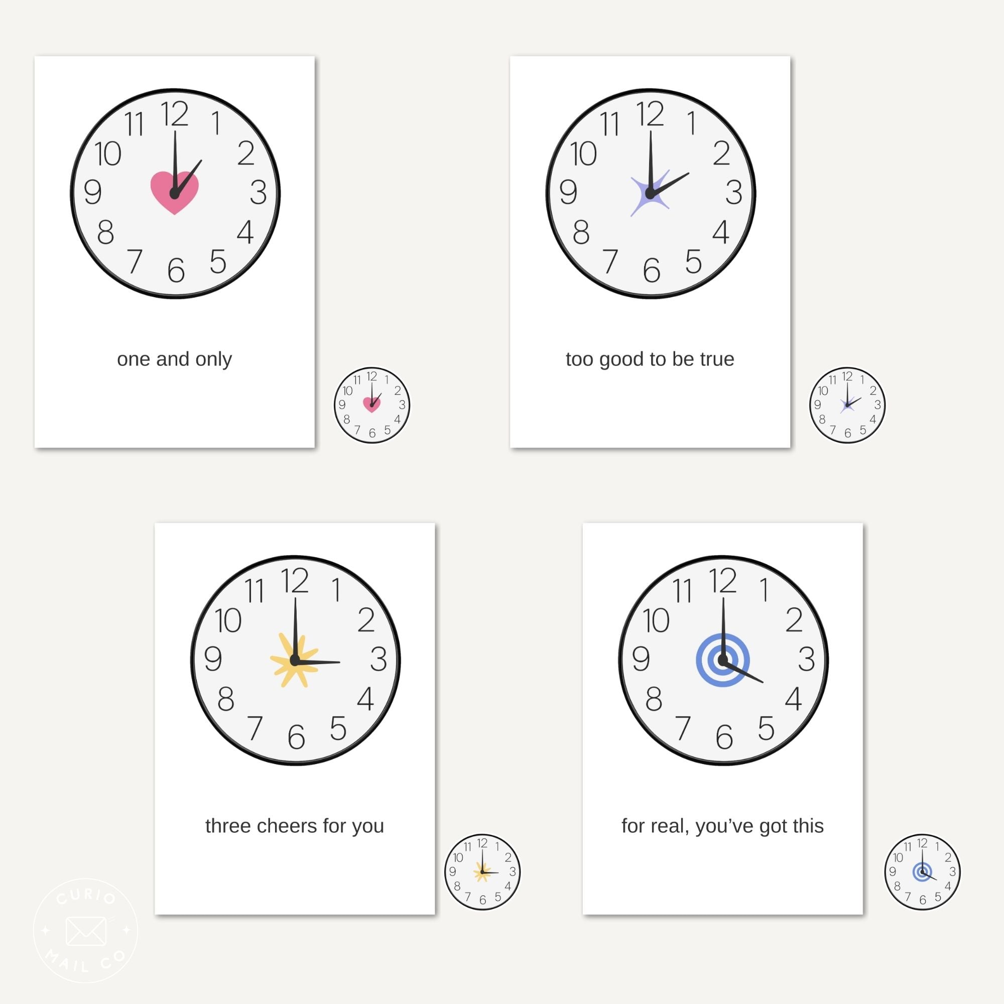 clock cards with various hours on white background