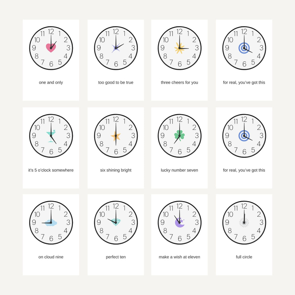 Set of 12 clock faces with different time displays on a white background