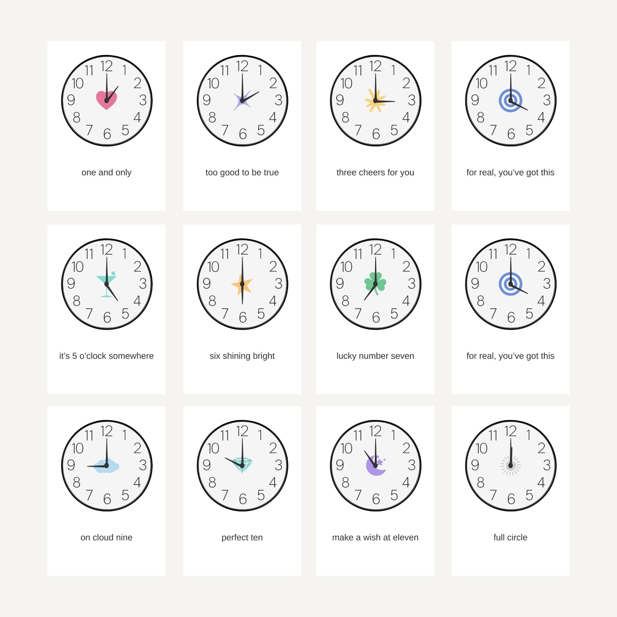 Set of 12 clock faces with different time displays on a white background