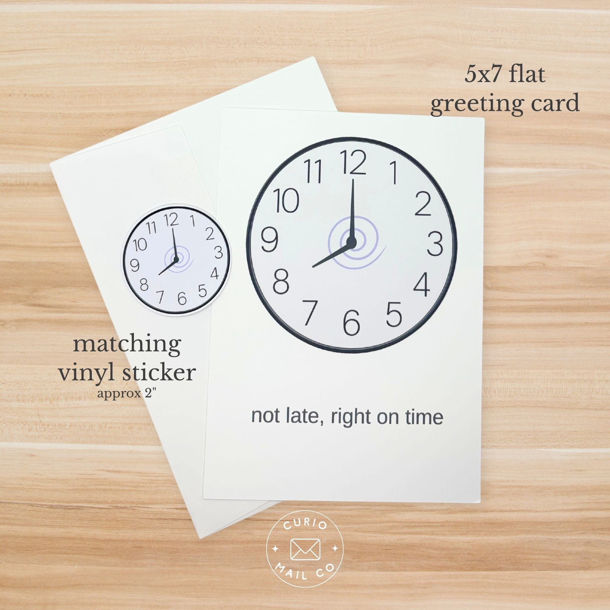 5x7 flat greeting card with clock design on a wooden surface, featuring matching vinyl sticker text.