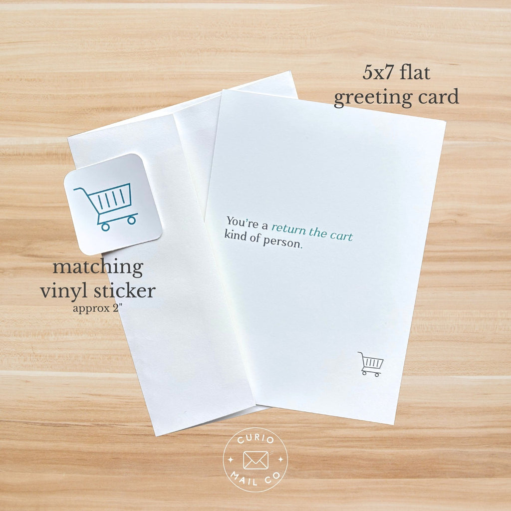 5x7 flat greeting card and matching vinyl sticker on a wooden surface with Curio Mail Co branding.