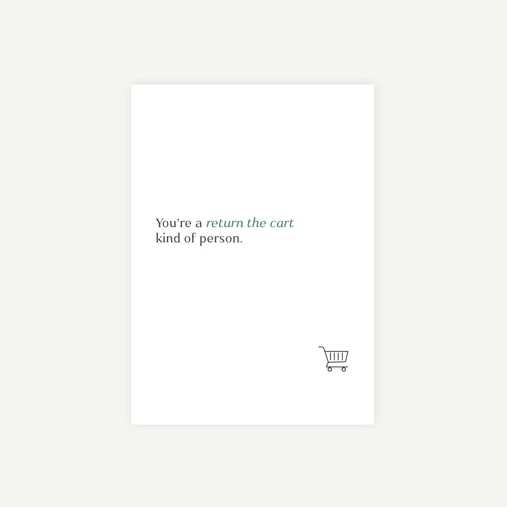 White poster with black text and a small shopping cart icon on a white background