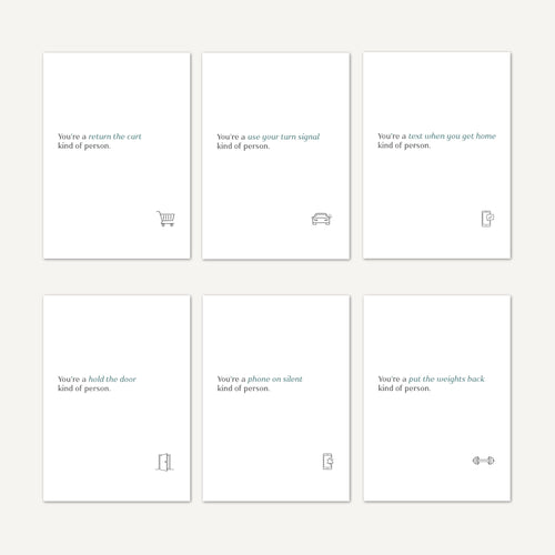 Set of six cards with text and icons on a white background