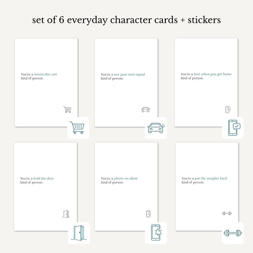 Set of 6 everyday character cards with illustrations and text on a white background