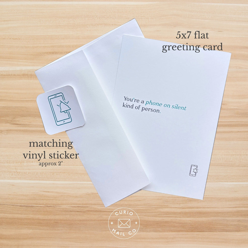 5x7 flat greeting card and matching vinyl sticker on a wooden surface with 'Curio Mail Co' branding.