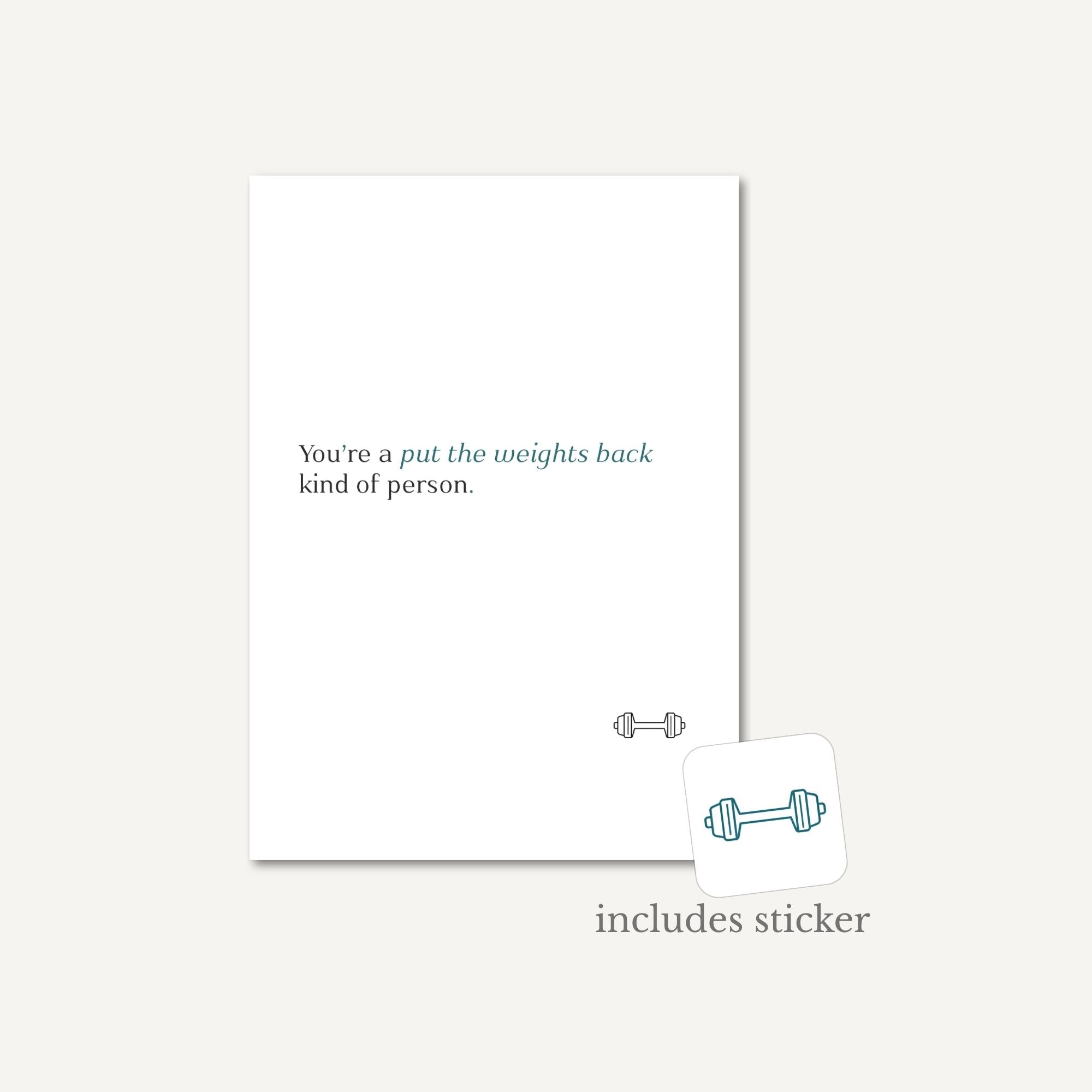 Note card with text and a sticker of a weight on a white background