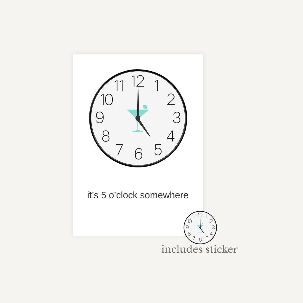 Wall clock with a drink icon at 5 o'clock and text 'it's 5 o'clock somewhere' on a white background.