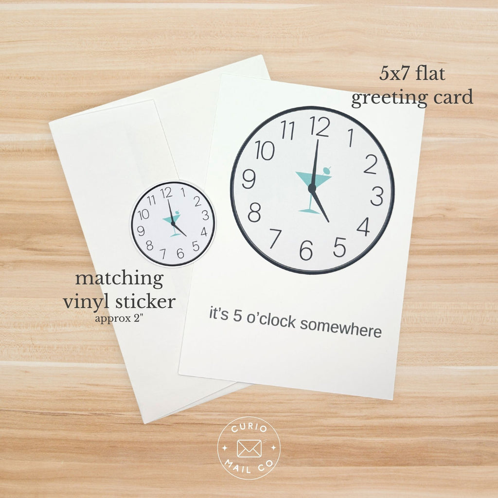 5x7 flat greeting card with clock design and matching vinyl sticker on a wooden surface, featuring 'Curio Mail Co' logo.