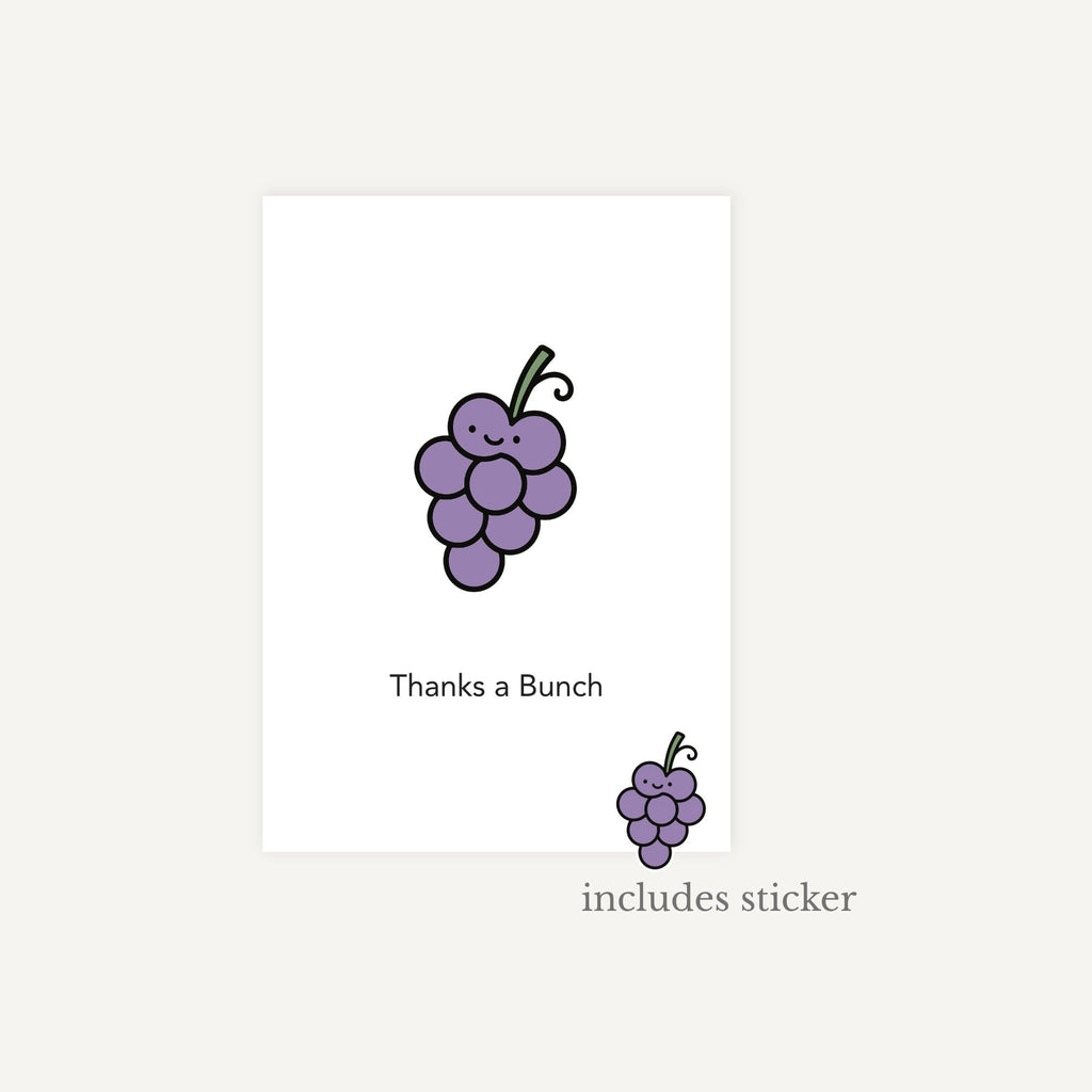 Card with a cartoon grapes and text 'Thanks a  Bunch' on a white background
