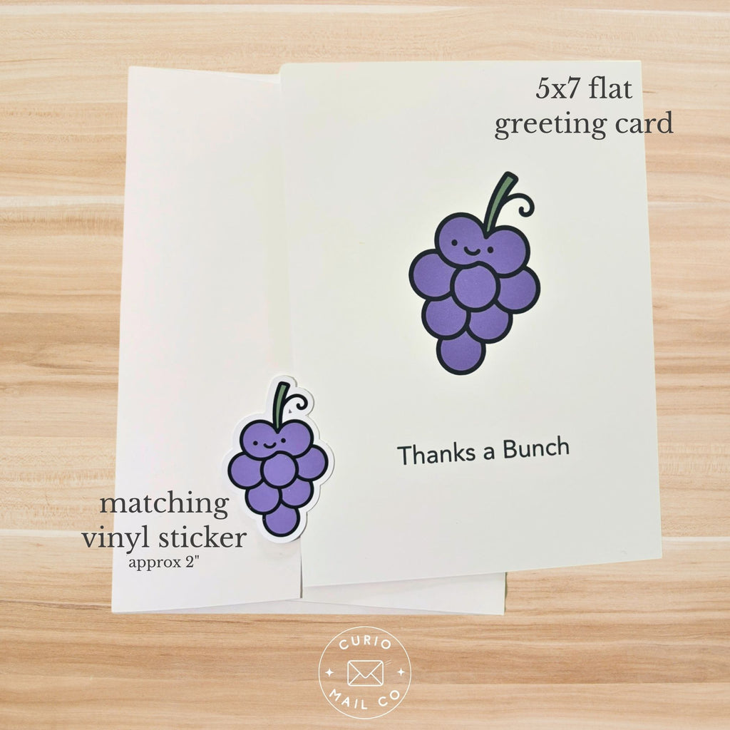 5x7 flat greeting card with grapes
design on a wooden surface, featuring 'Curio Mail Co' branding.