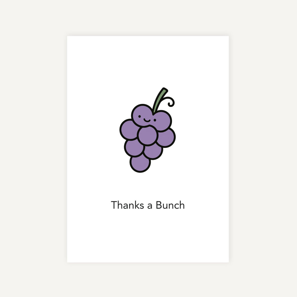 Card with a cartoon grapes and text 'Thanks a  Bunch' on a white background