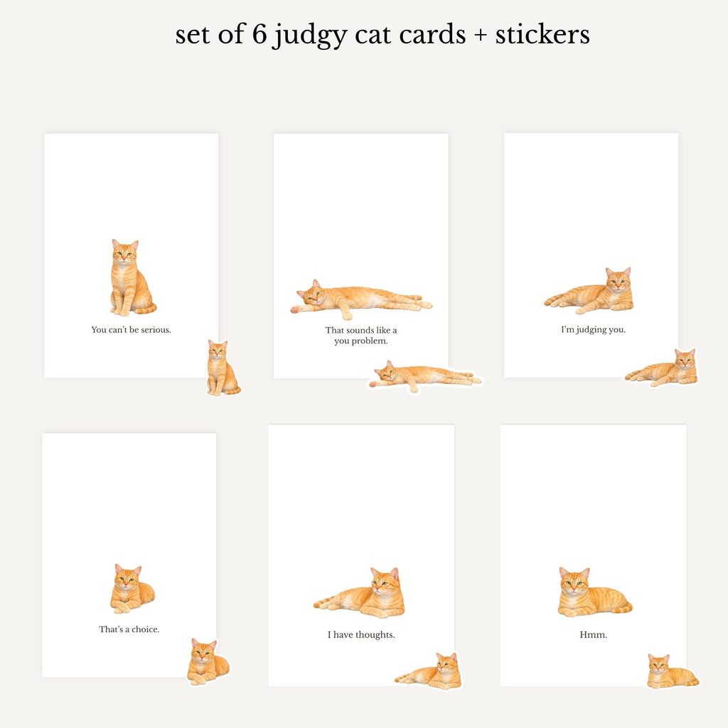 Set of 6 judging cat cards with text on a white background