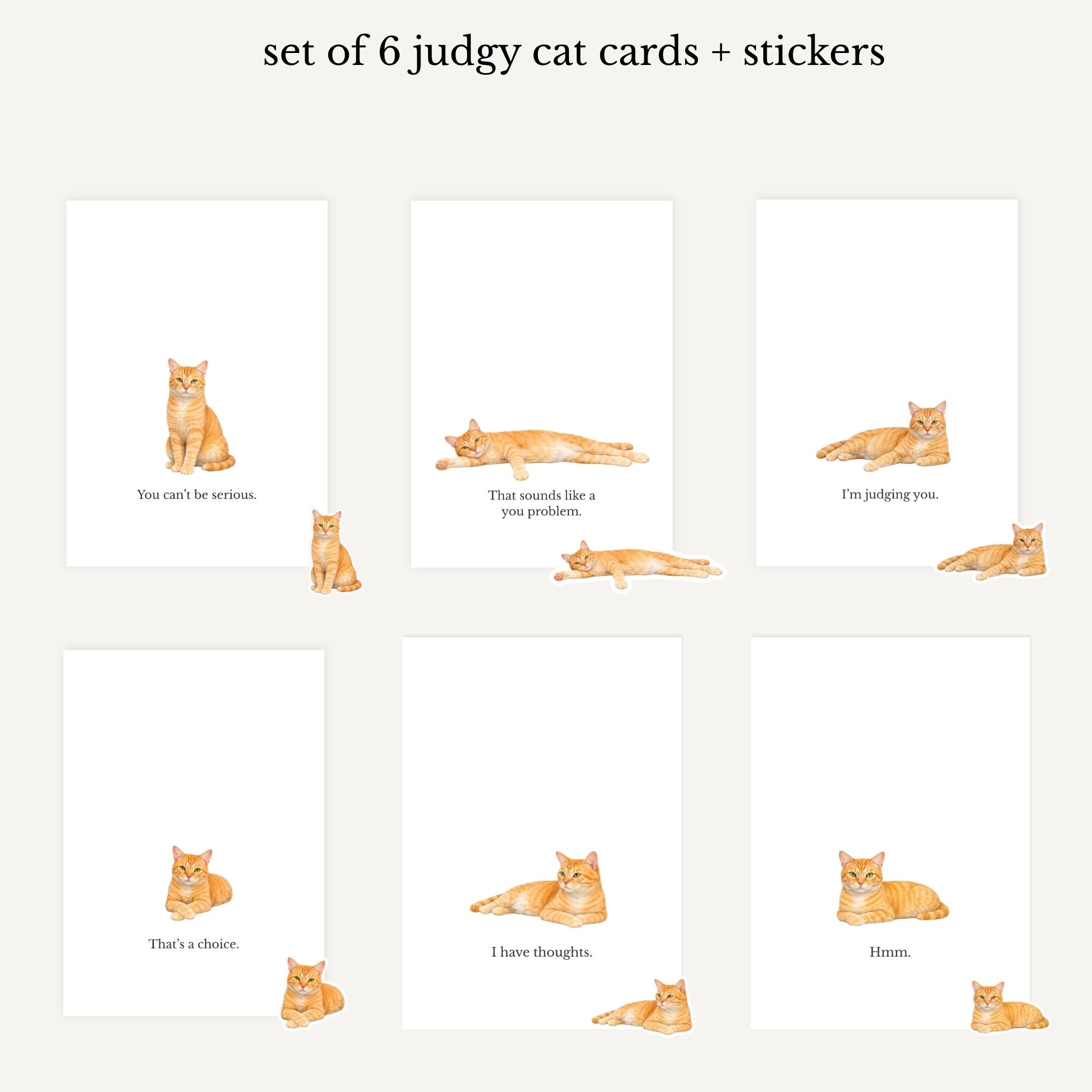Set of 6 judging cat cards with text on a white background