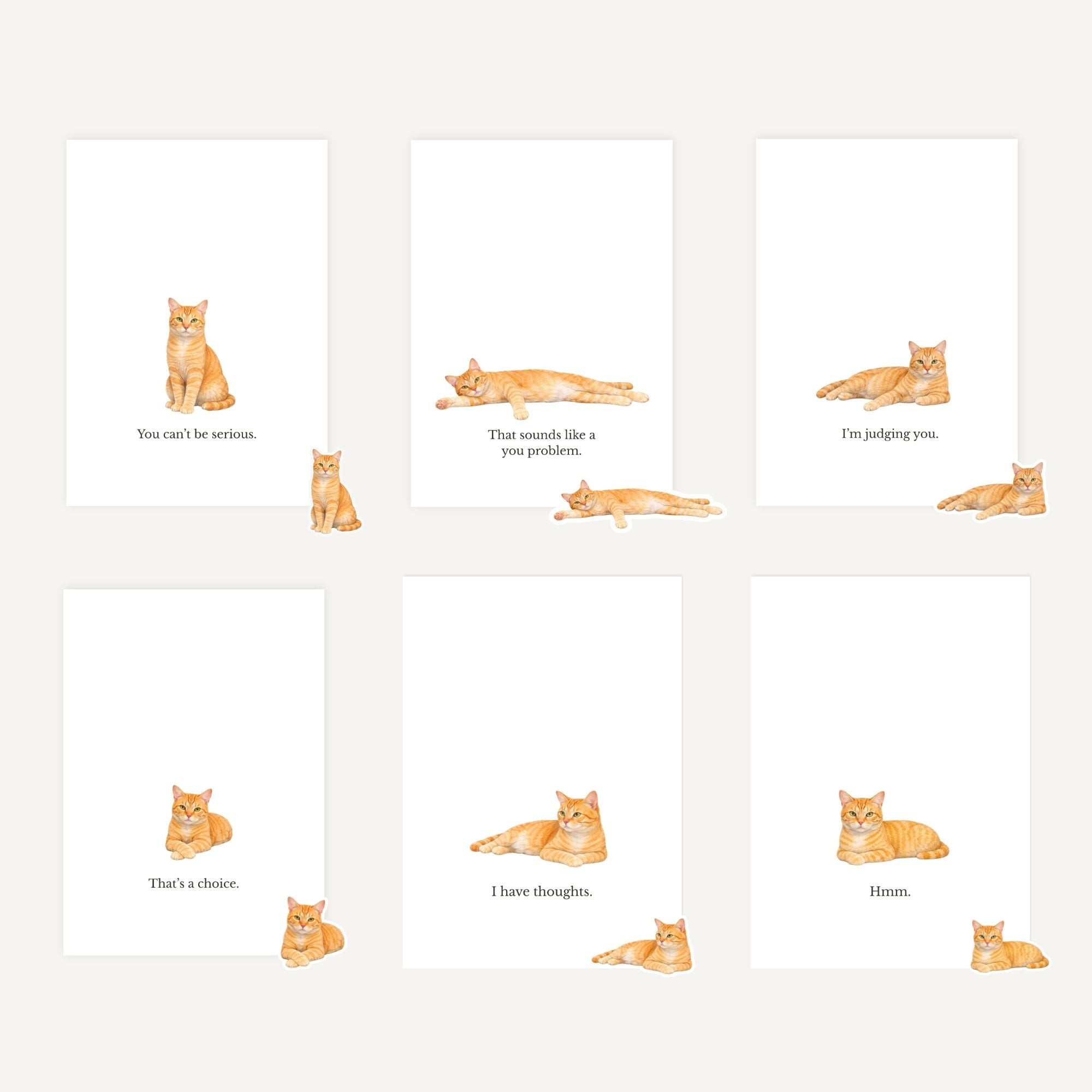 Set of cards with illustrated cats and humorous text on a white background