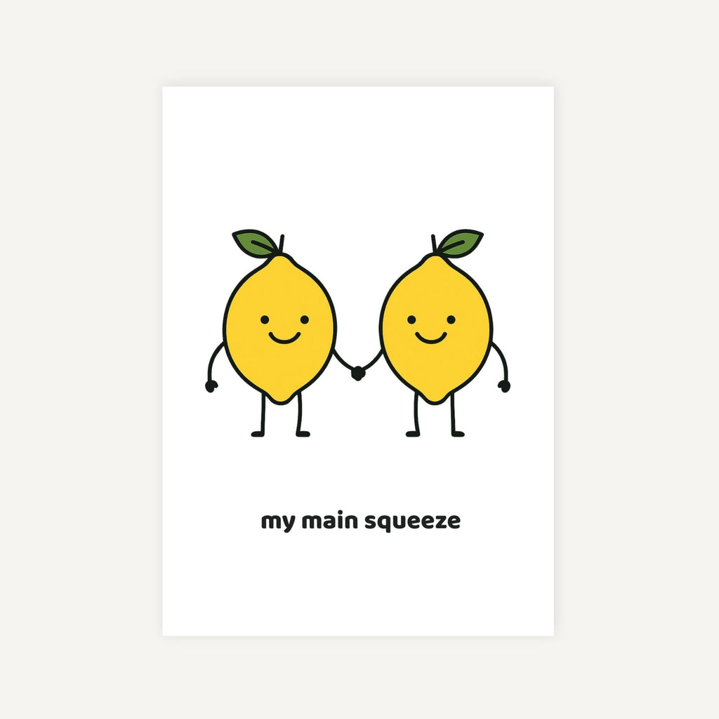 Two cartoon lemons holding hands with the text 'my main squeeze' on a white background.