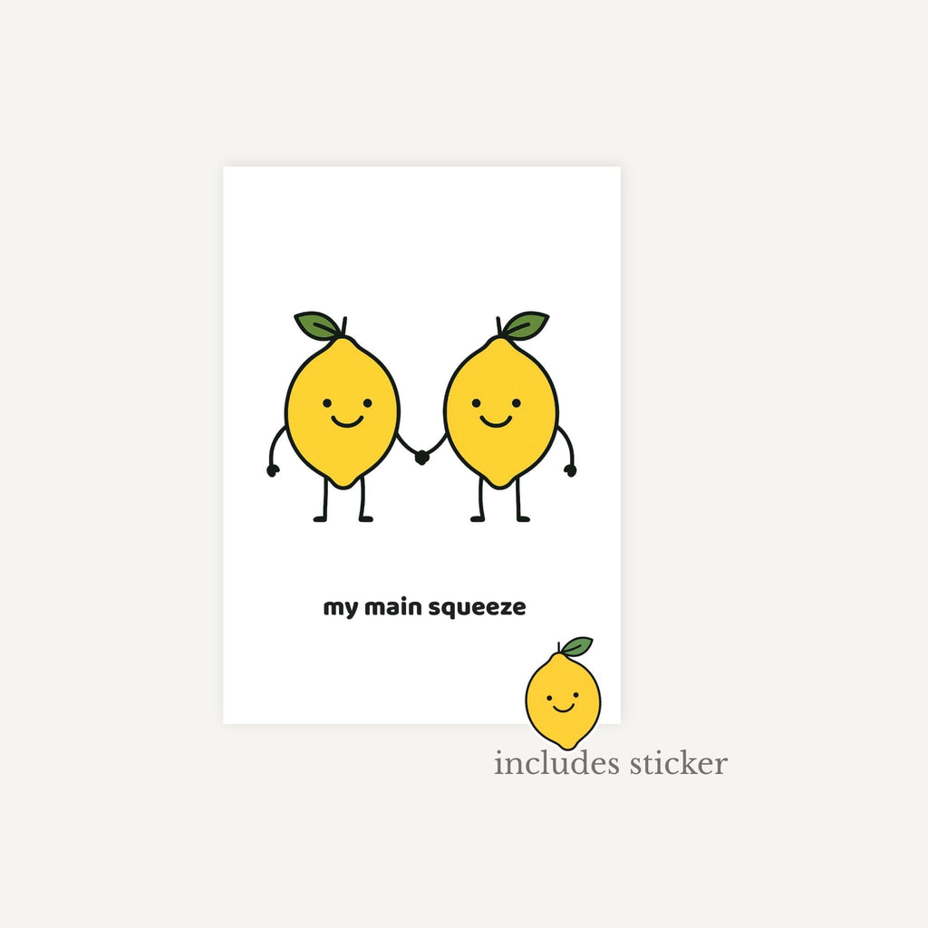 Two cartoon lemons holding hands with text 'my main squeeze' on a white background