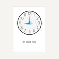 Clock with cloud on 9 o'clock position and text 'on cloud nine' below it on a white background