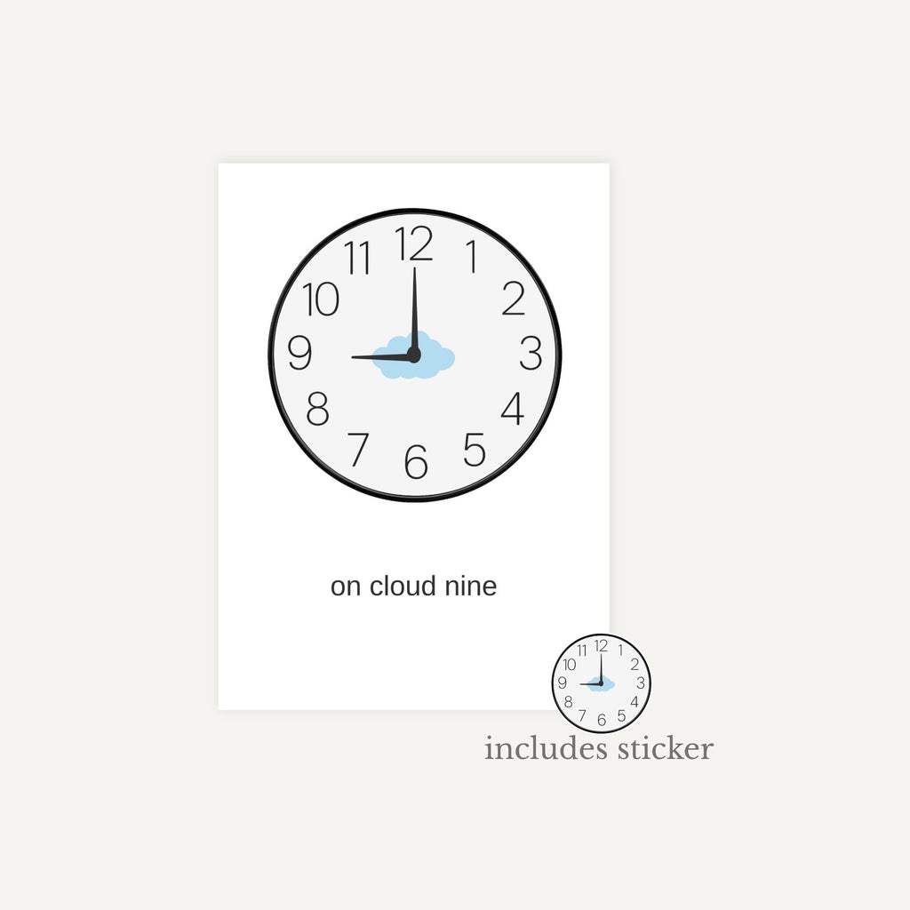 Clock with cloud design and text 'on cloud nine' on a white background