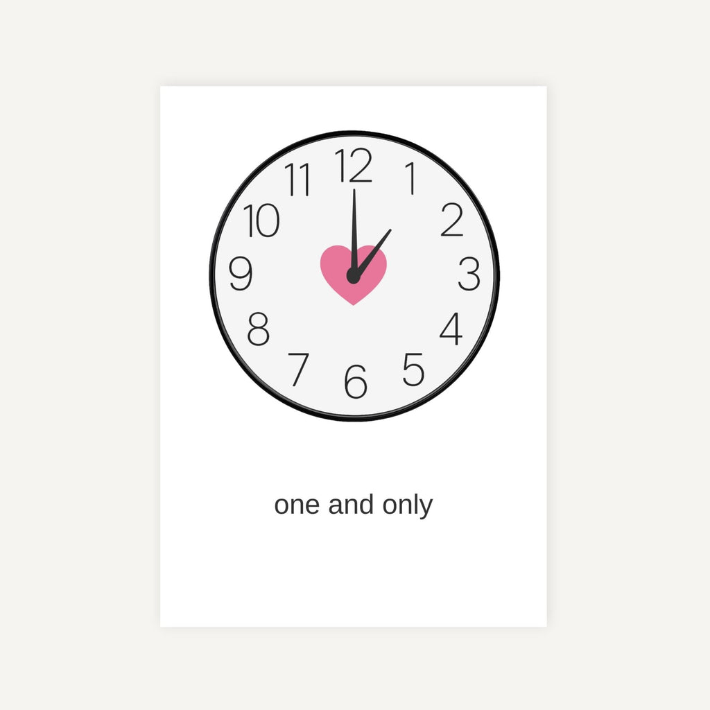 Clock with a pink heart at the 1 o'clock position and 'one and only' text below on a white background