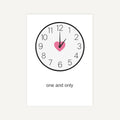 Clock with a pink heart at the 1 o'clock position and 'one and only' text below on a white background