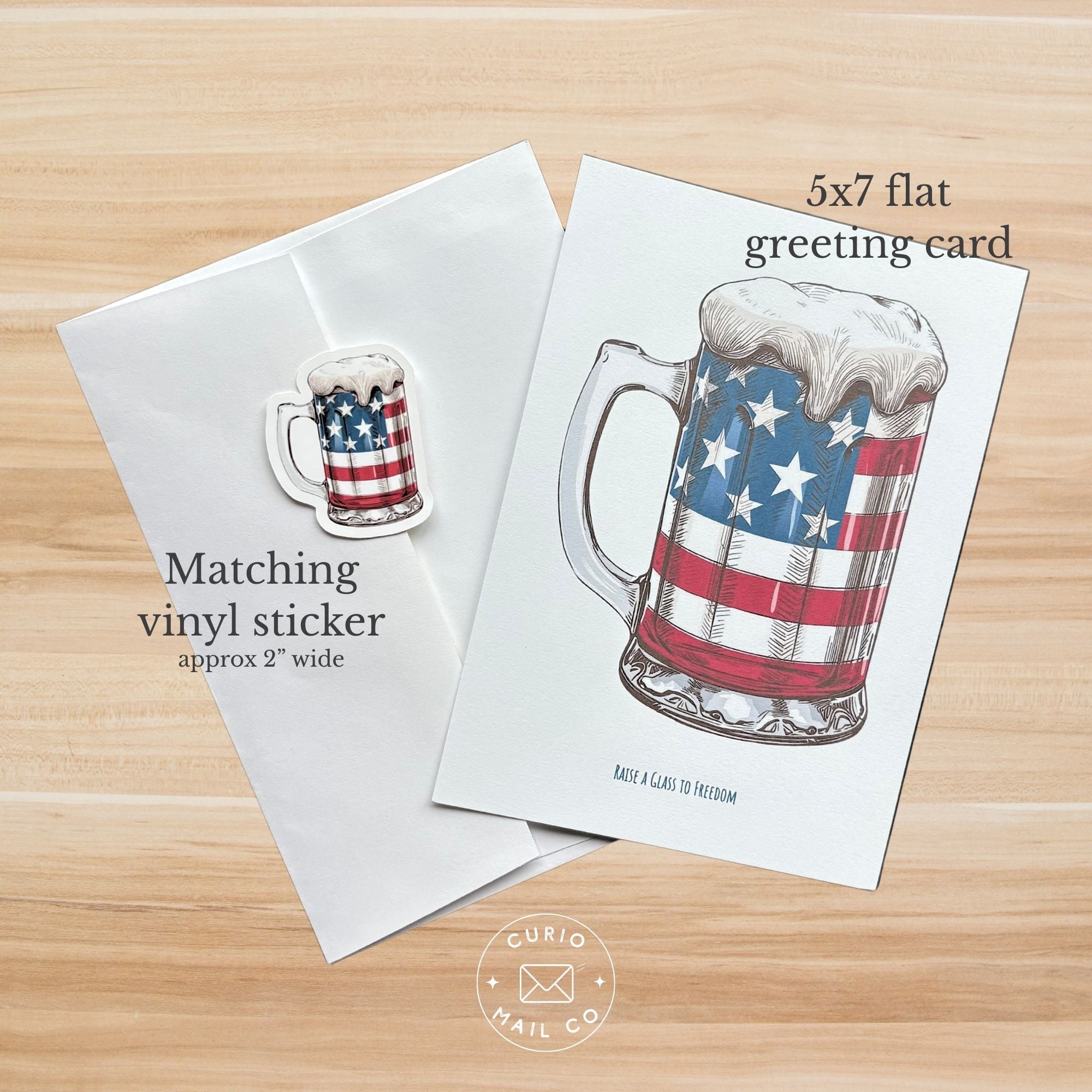 5x7 flat greeting card with matching vinyl sticker featuring American flag design on a wooden surface.