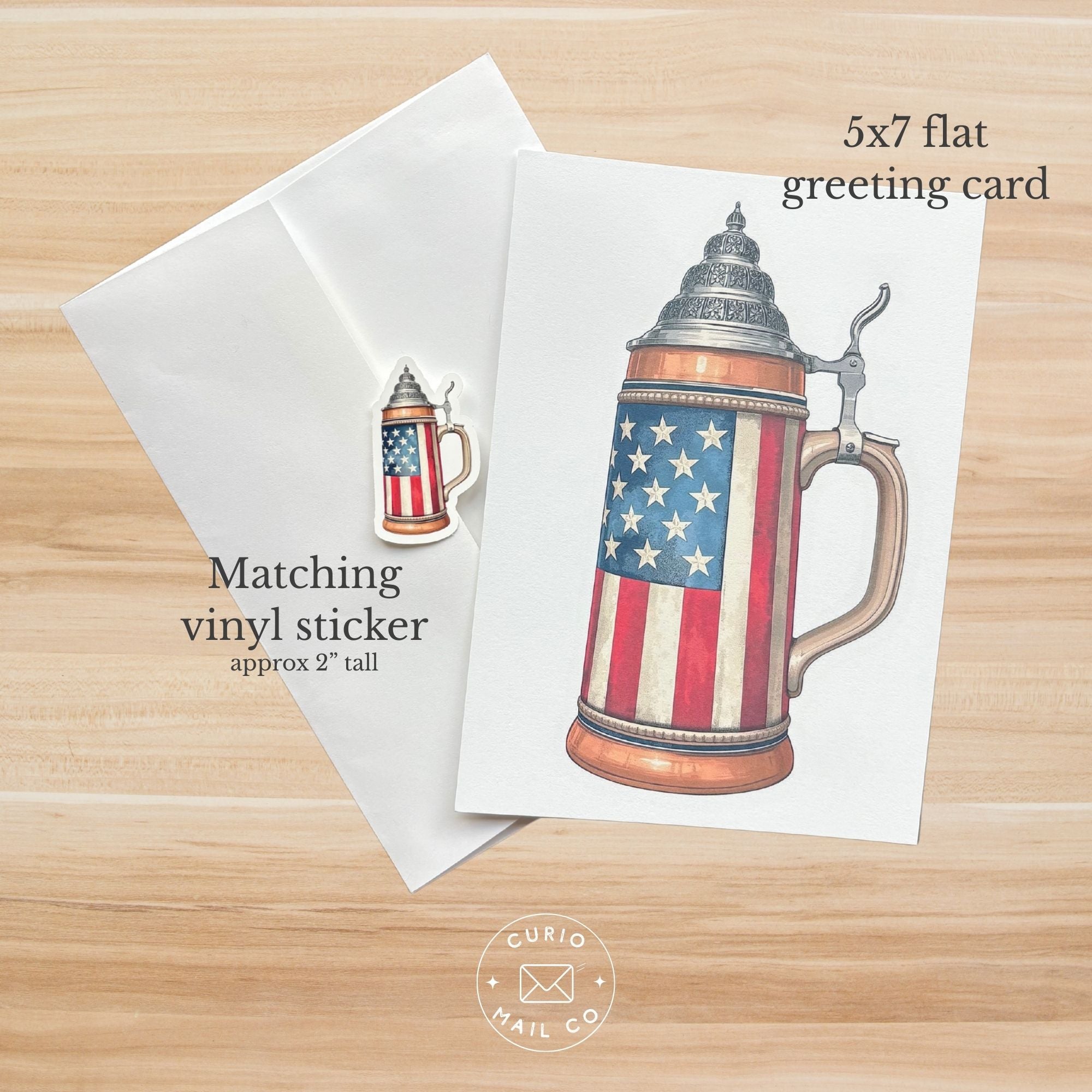 5x7 flat greeting card with American flag design on a wooden surface, featuring matching vinyl sticker information.
