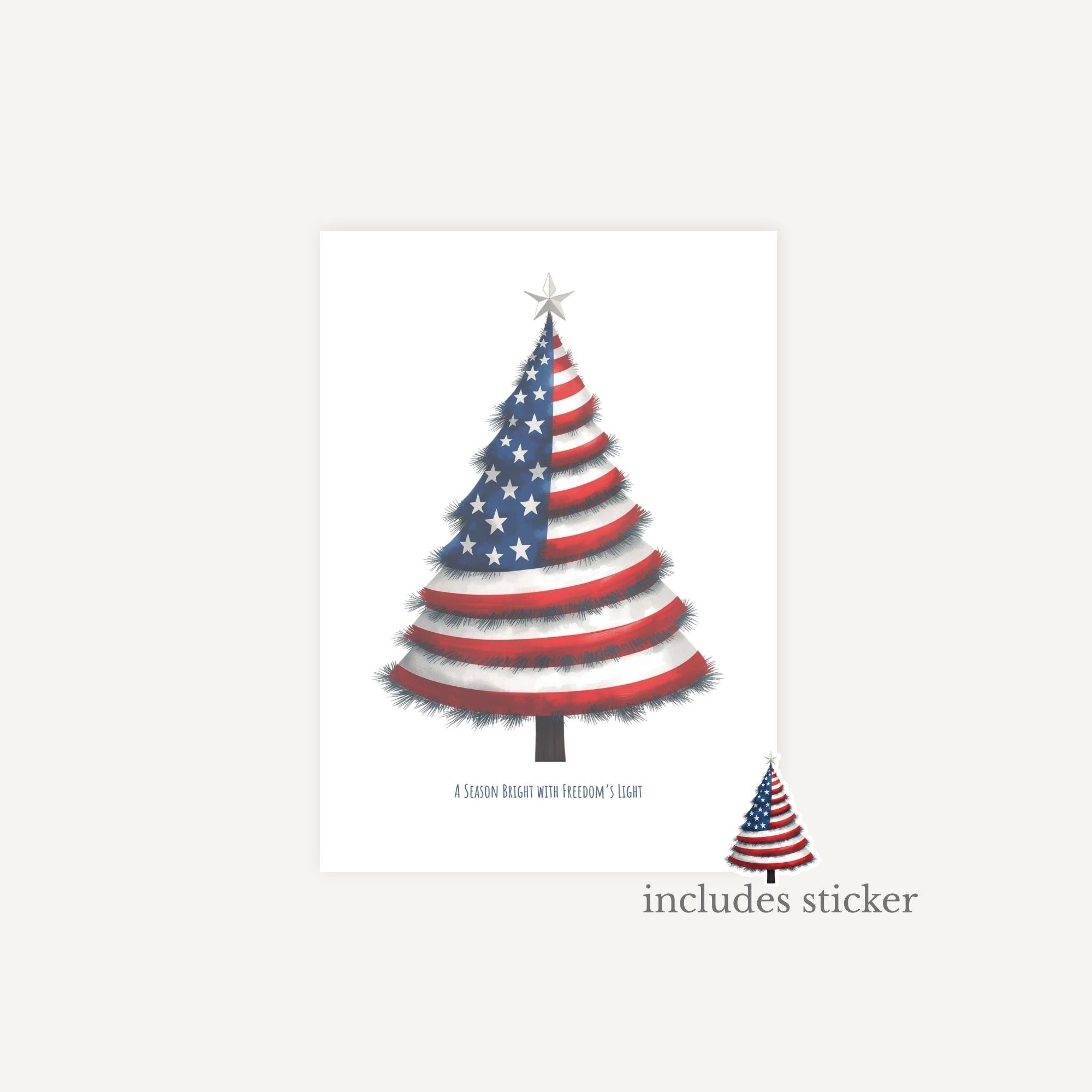 American flag-themed Christmas tree design on a white background with text.