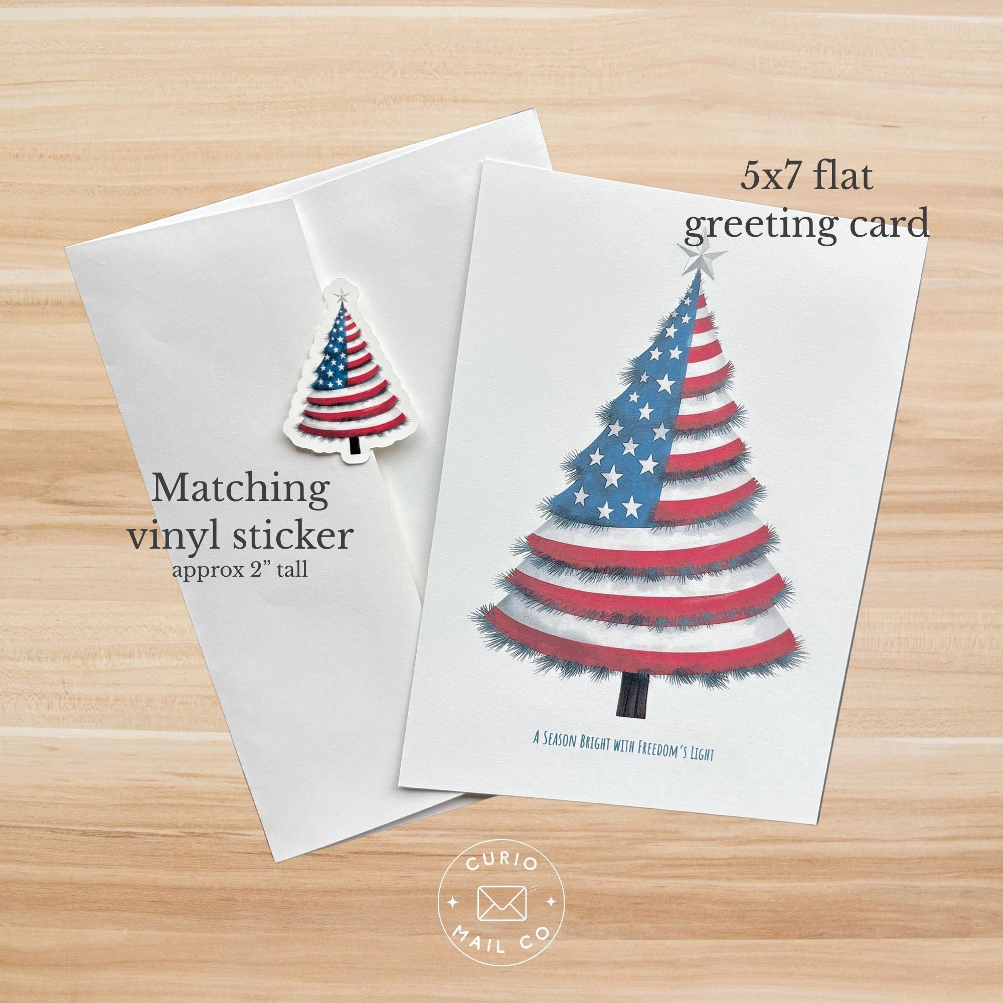 5x7 flat greeting card with matching vinyl sticker on a wooden surface, featuring American flag design.