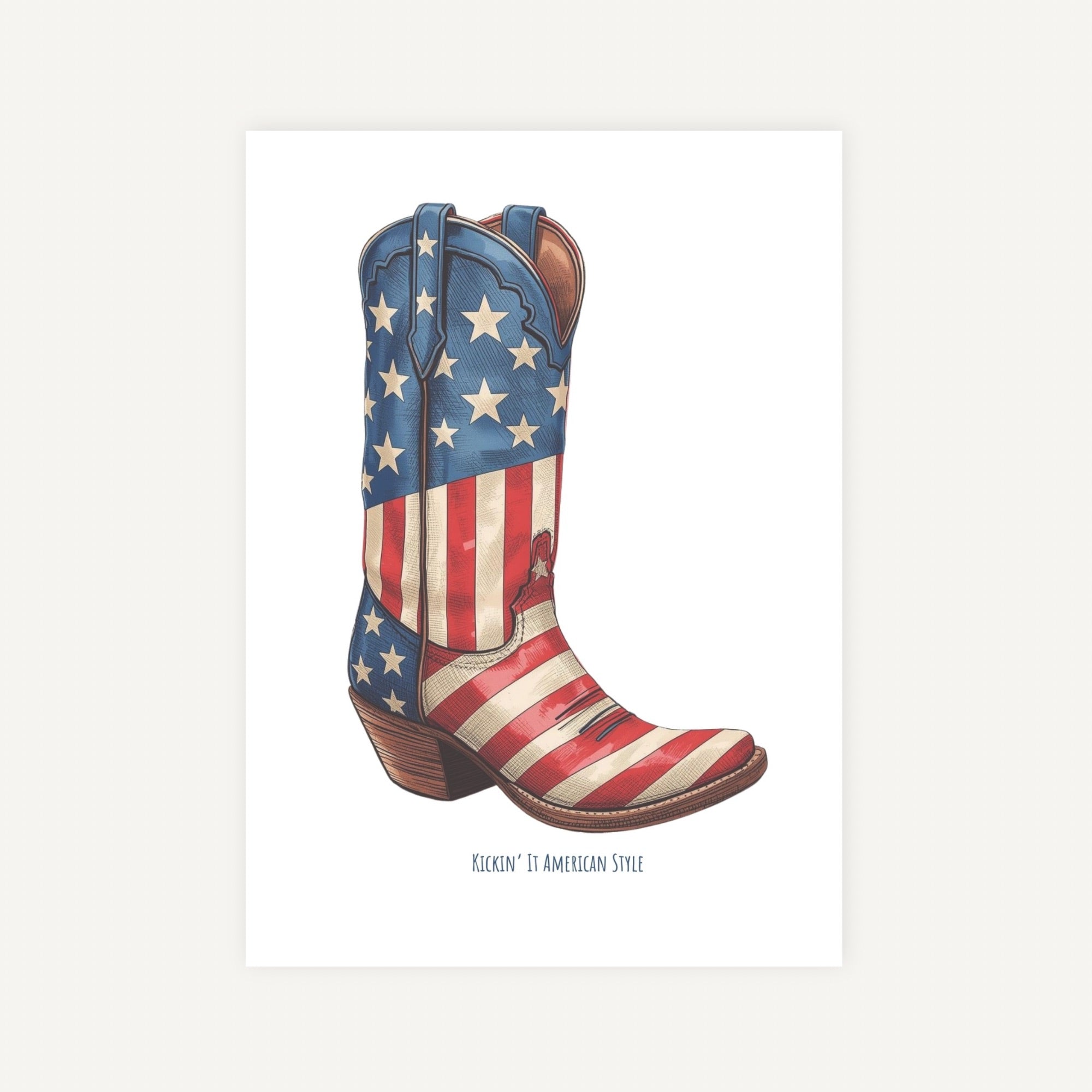 Cowboy boot with American flag design on a white background