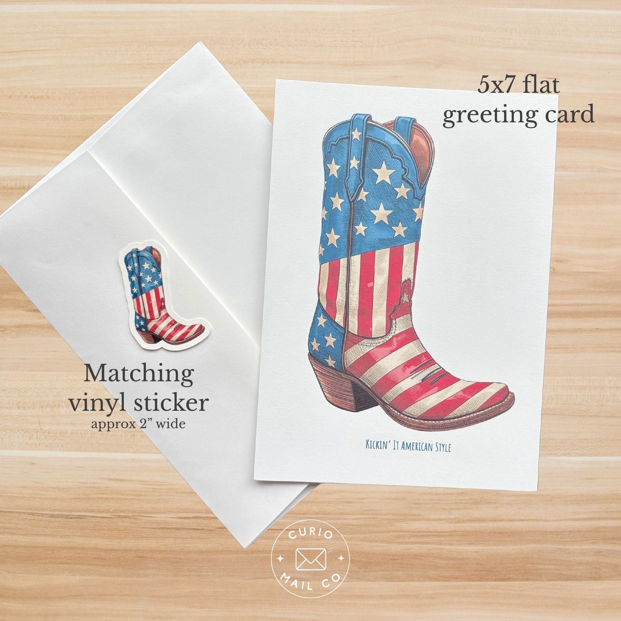 5x7 flat greeting card with American flag cowboy boot design on a wooden surface.