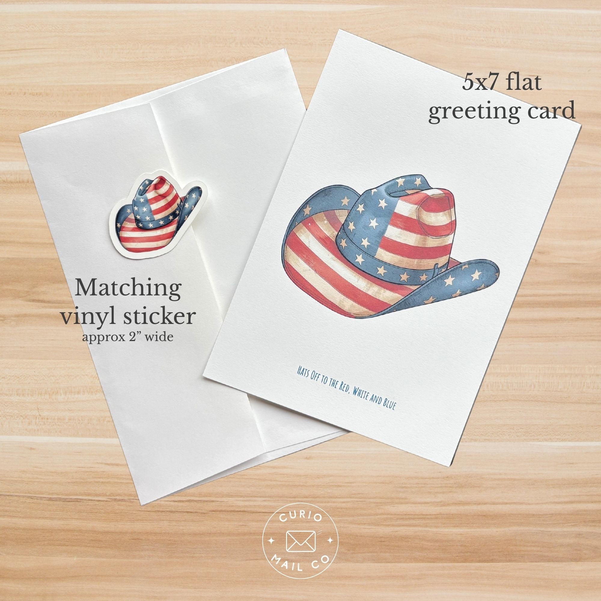 5x7 flat greeting card with American flag cowboy hat design and matching vinyl sticker on a wooden surface.