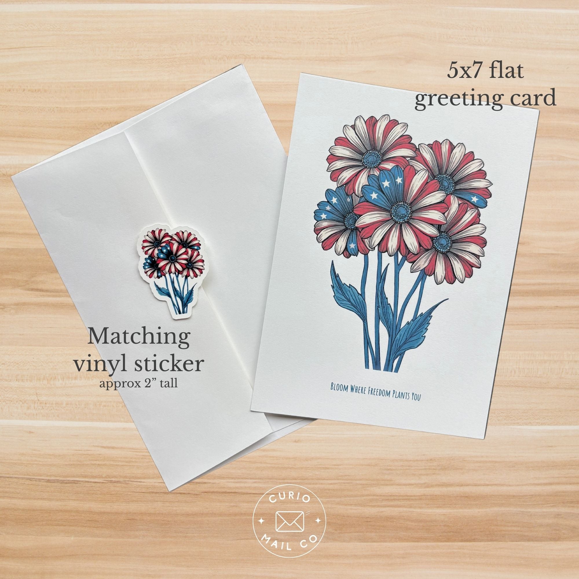 5x7 flat greeting card with matching vinyl sticker featuring American flag design on a wooden surface.