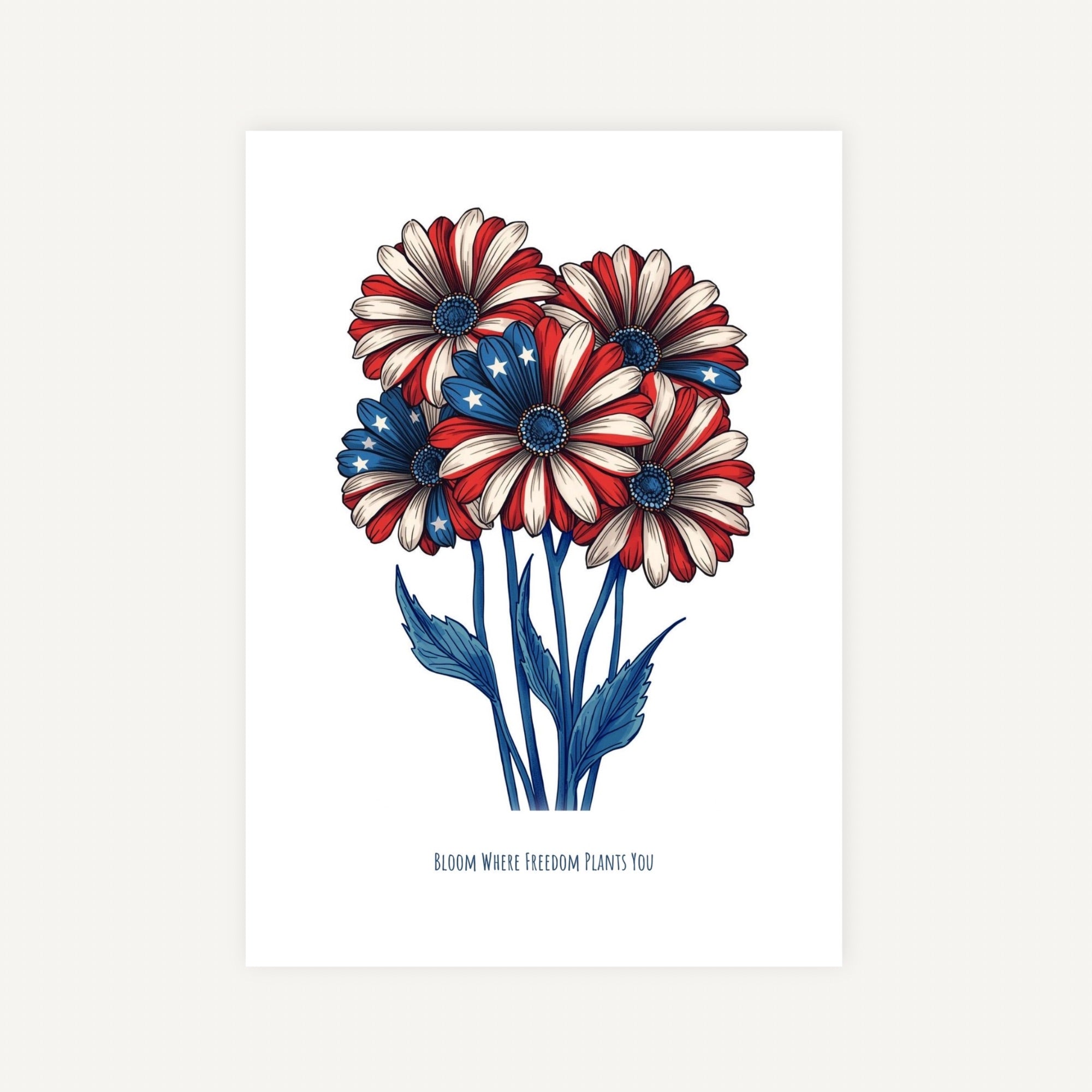 Art print of patriotic flowers with red, white, and blue colors on a white background.