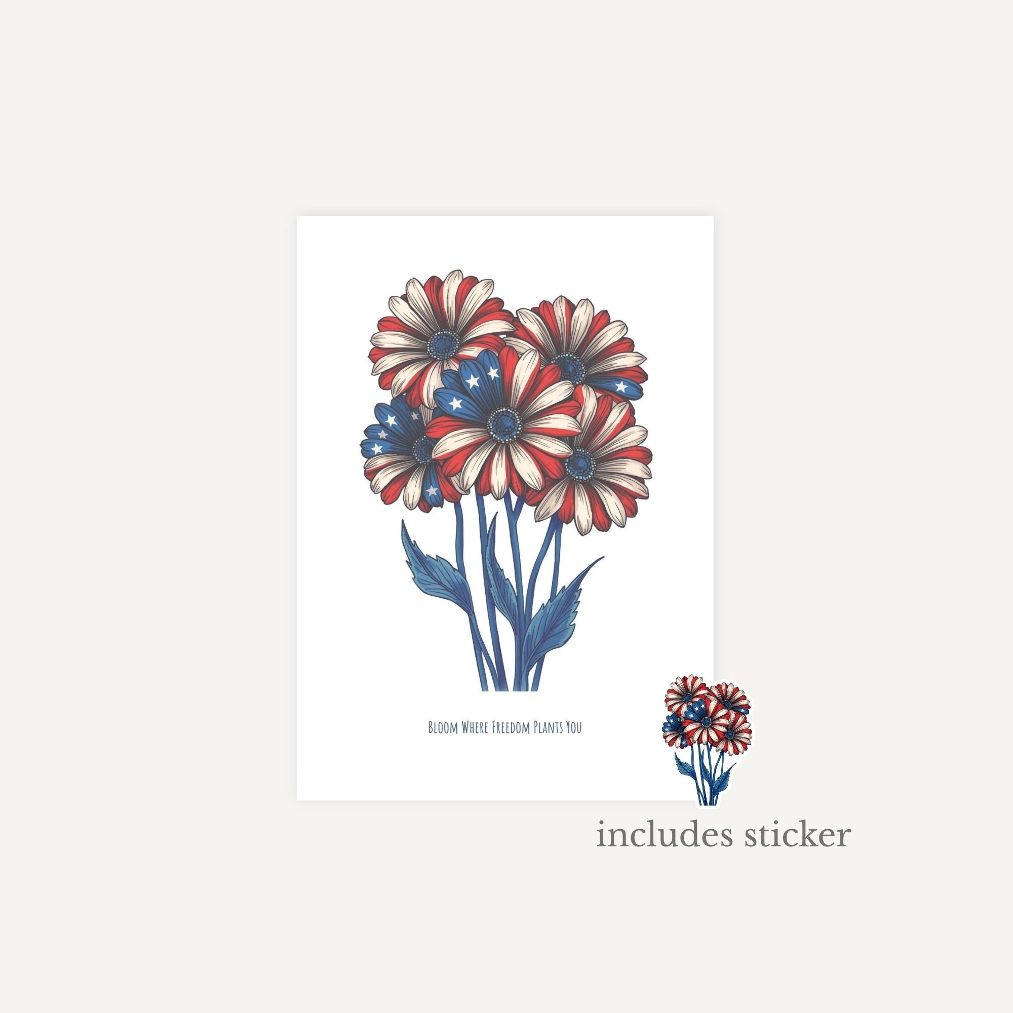 Floral design with American flag colors on a white background, including a sticker.