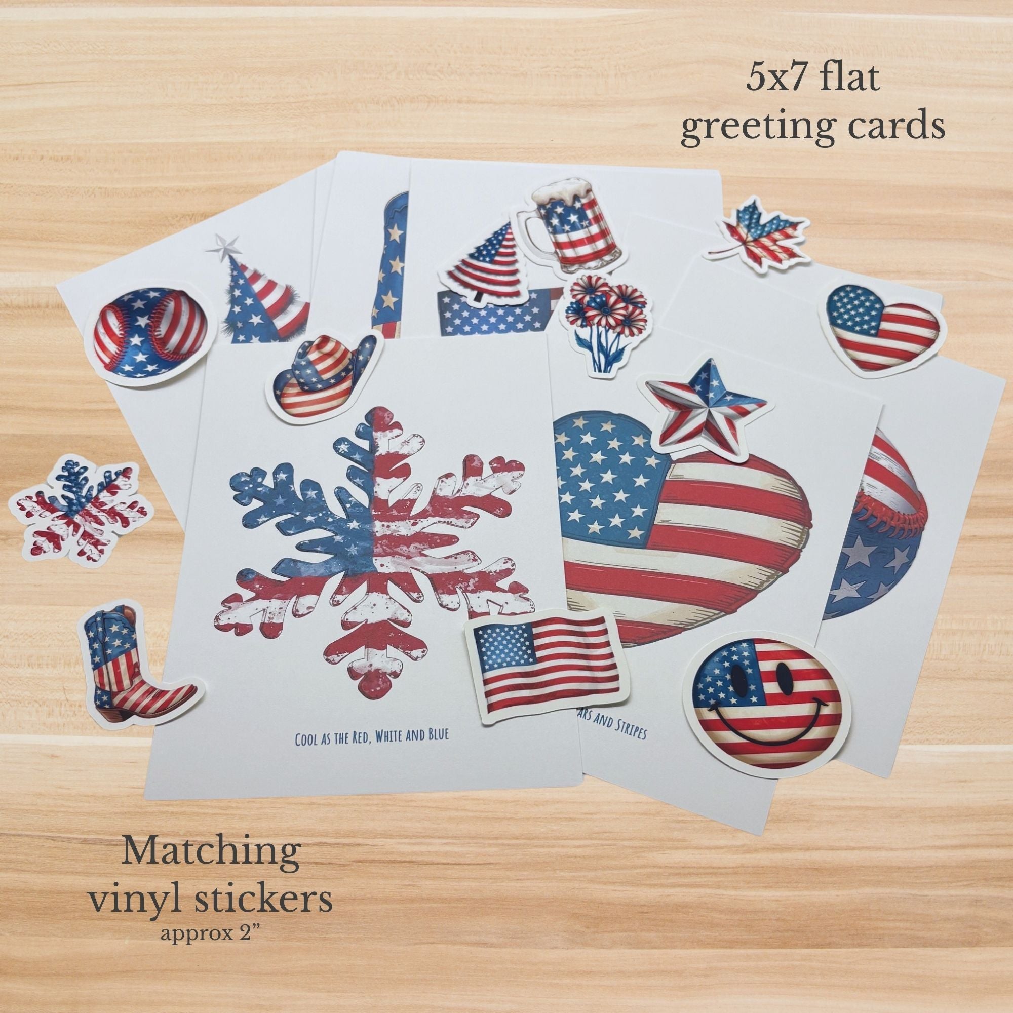 5x7 flat greeting cards with matching vinyl stickers on a wooden surface